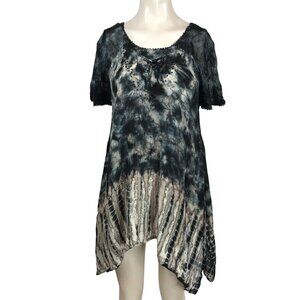 SAKKAS -WOMEN'S FREE SIZE - BLACK SHORT SLEEVE ROUND NECK TIE DYE BOHO SHIRT